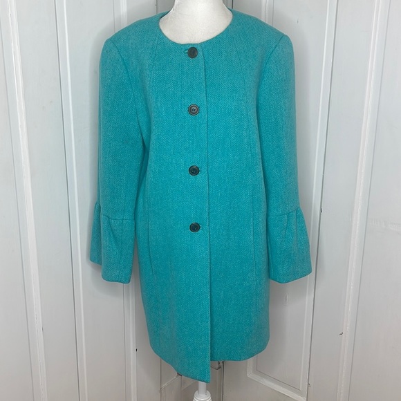Talbots | Turquoise Wool Blend Flounce Sleeve Jacket - Picture 2 of 14
